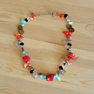 Multicoloured Shell Nugget,Natural Stones and Crystal Bead Necklace 18"